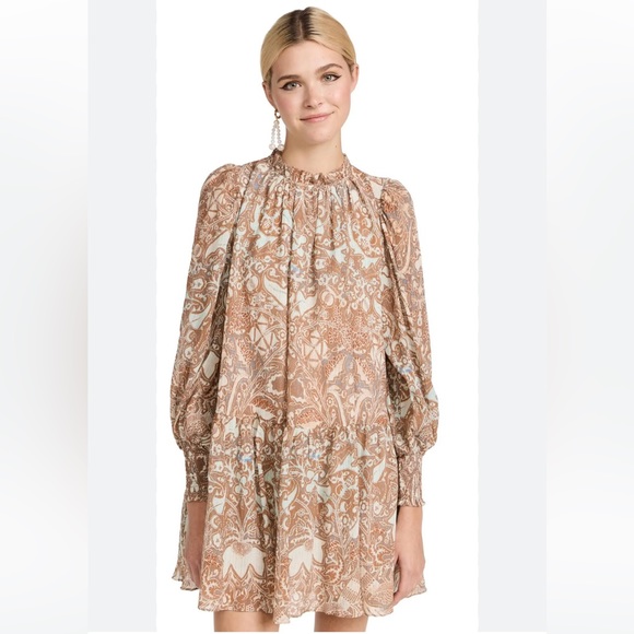 Ulla Johnson Maja Dropped Waist Cotton-Blend Mini Dress Women’s Brown Size 14 - Picture 2 of 10